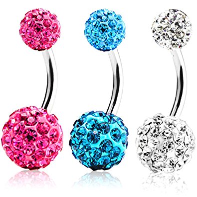 ZHIHU Belly Ring 316L Steel Lot of 3 Pieces 14G Bling Disco Ball Multi Crystal Belly Button Ring