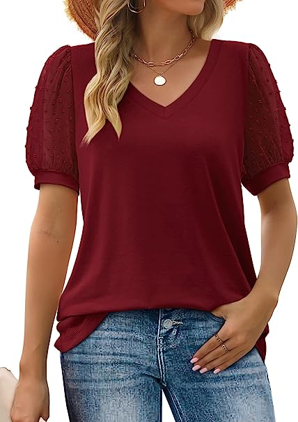 Aokosor Womens Summer Tops V Neck T Shirts Swiss Dot Puff Sleeve Tops Loose Casual Tshirts