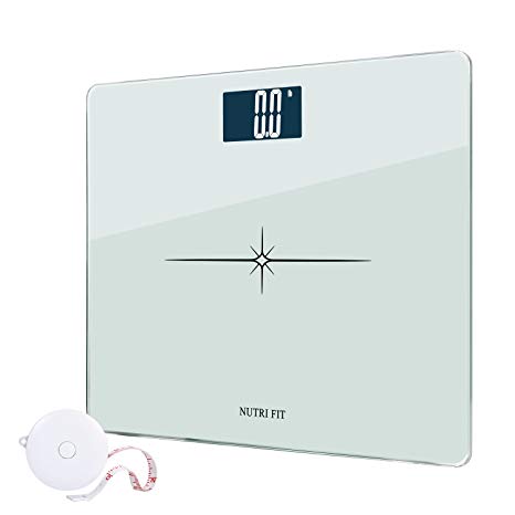 Digital Body Weight Bathroom Scale with Body Tape Measure from NUTRI FIT,Step-on Technology, Tempered Glass and Large Easy Read Backlit LCD Display 400 Pounds White