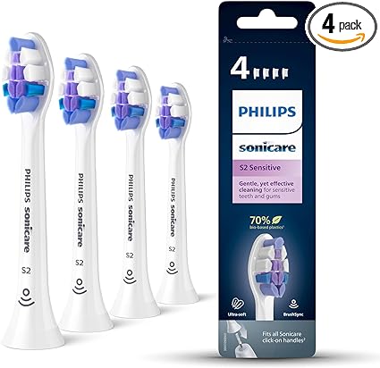 Philips Sonicare Brush Heads, S2 Sensitive Brush Head with Ultra-Soft bristles for Sensitive Teeth and Gums, White, 4-Pack, (Model HX6054/10)
