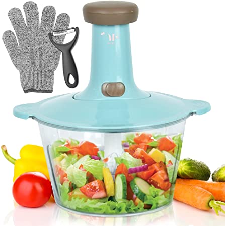Multi Function Hand Press Vegetable Chopper and Cutter, 9 in 1– Quick Food Processor, Slicer, Dicer,Grinder,shredding Vegetables, Fruits, Nuts- for Healthy Salsa, Guacamole, Pesto, Salad, Puree.