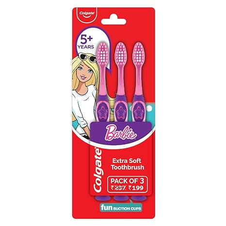 Colgate Kids Barbie Toothbrush, Extra Soft with Tongue Cleaner (Pack of 3)