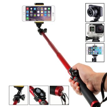 Selfie Stick, Amorus Aluminium Alloy Pocket Extendable Wireless Bluetooth Selfie Stick Monopod Tripod for iPhone 6/6 Plus,Samsung Galaxy S6/S6 Edge/Note 4,Gopro Hero/Hero3/Hero3 /Hero4/Hero4 Session, Digital Cameras and Oher Smartphones (Red)
