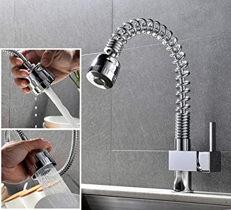 VAPSINT®Professional Solid Polished Chrome Single Handle Single Hole Swivel Spout Spring Hot and Cold Pull Out Spray Kitchen Sink Mixer Tap, Commercial Deck Mounted Kitchen Shower Taps