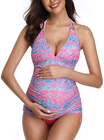 Women Halter Maternity Tankini Swimsuit Floral Pregnancy Plus Size Swimwear