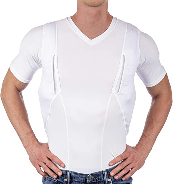 Holster Shirt for Concealed Carry, All Season Moisture Wicking, Mens V-Neck, White