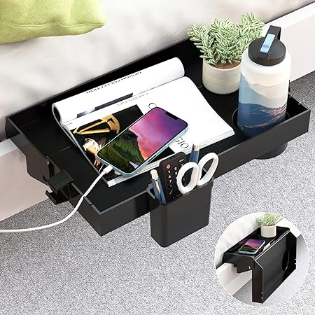 SOLEJAZZ Bedside Shelf, Foldable Bunk Bed Shelf Clip On Nightstand Tray College Dorm Room Essential Table Caddy with Cup & Cord Holder for Top Bunk Organizer Bedroom, Normal Size, Black