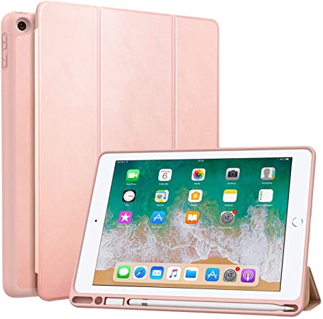 MoKo Case Fit 2018 iPad 9.7 6th Generation with Pencil Holder - Slim Lightweight Smart Shell Stand Cover Case with Auto Wake/Sleep Fit iPad 9.7" 2018 Released(A1893/A1954) - Rose Gold