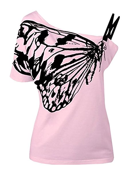 YSkkt Women's Skew Collar Butterfly Print T-Shirt Blouse