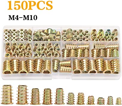 URLWALL 150PCS Metric Thread Insert Nut M4/M5/M6/M8/M10 Kit for Wood Furniture Zinc Screw in Nut Hex Socket Drive Bolt Fastener