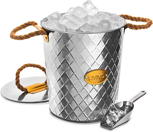 LIVIVO Galvanised Steel Ice Bucket with Insulated Lid & Convenient Cubes Scoop – Jute Rope Carry Handles – Ideal for Bar Cold Soft Whisky Alcohol Spirits Drinks Cocktail Parties