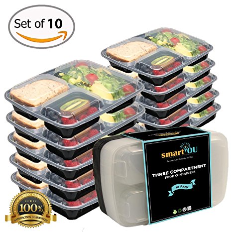 FLASH SALE! smartYOU 3-Compartment Bento Lunch Box / Sturdy Plastic Food Containers (Set of 10) with Leakproof Lids for Kids and Adults - Perfect to use for Meal Prep, 21 Day Fix, and Portion Control