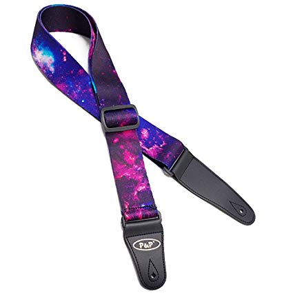 Bestgle Adjustable Guitar Strap Starry Sky Pattern Shoulder Strap Soft Cotton and Leather Ends for Electric Acoustic Guitar Bass, Purple
