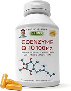 ANDREW LESSMAN Coenzyme Q-10 100 mg 30 Capsules – Essential for Energy Production and Optimum Key Organ Function, Anti-Oxidant Support, Depleted by Aging, Plus B-Complex. Easy to Swallow Capsules