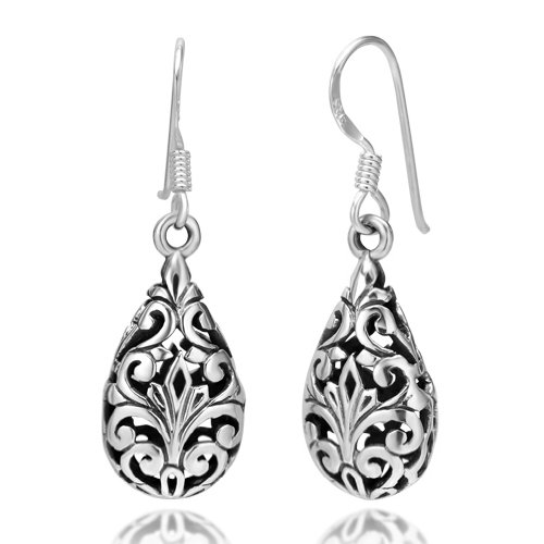 925 Oxidized Sterling Silver Bali Inspired Filigree Puffed Teardrop Dangle Hook Earrings