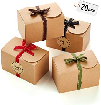 Hayley Cherie - Gift Treat Boxes with Ribbons and Thank You Stickers (20 Pack) - 6.5 x 4 x 4 inches - Thick 400gsm Card - for Goodies, Candy, Parties, Christmas, Birthdays, Weddings (Kraft)