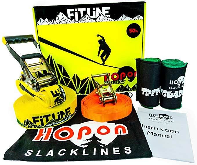 HopOn Slacklines Complete Slackline Kit for Kids & Adults - 50 ft Fitline Includes Training Line, 2x Treeguards Tree Protection   Carrying Bag - for Fitness, Balance, Exercise and Fun - Eas