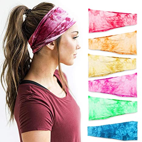 Headbands For Women, 6 PCS Yoga Running Sports Cotton Headbands Tie Dye Elastic Non Slip Sweat Headbands Workout Hair Bands Fashion Face Scarf Bandana for Girls