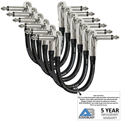 6 Units - 6 Inch - Audioblast HQ-1 - Ultra Flexible - Dual Shielded (100%) - Instrument Effects Pedal Patch Cable w/ ¼ inch (6.35mm) Low-Profile, R/A Pancake Type TS Connectors & Dual Staggered Boots