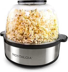 Nostalgia Classic Electric Stirring Popcorn Maker, Makes 24 Cups, Large Lid Doubles as Serving Bowl, Quick Heat Technology, for Kettle Corn and Roasted Nuts, Stainless Steel