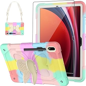 BLOSOMEET Pink Case for S9 Plus 12.4 Inch 2023 with Tempered Glass Screen Protector Pencil Holder,Butterfly Colorful Galaxy S9  Plus Tablet Case with Stand & Shoulder Strap