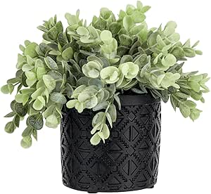 MyGift Artificial Plant Eucalyptus Boxwood in Modern Black Concrete Pot with Geometric Embossed Pattern, Faux Indoor Plant Home Decor Greenery in Decorative Round Planter