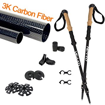 Hetto 3K Carbon Fiber Trekking Poles, Collapsible Light-weight Hiking, Walking Poles with Cork Grips & Quick Lock, Anti-Shock Adjustable Hiking Stick with All Terrain Accessories for Men, Women & Kids