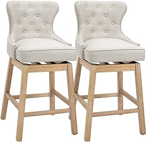 HOMCOM Upholstered Fabric Bar Height Bar Stools, 180° Swivel Nailhead-Trim Pub Chairs, 30" Seat Height with Rubber Wood Legs, Set of 2, Cream