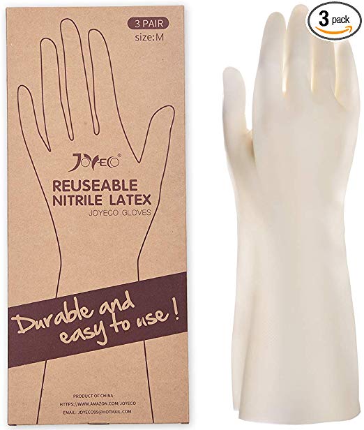JOYECO Rubber Gloves Nitrile Latex Reusable Kitchen Gloves for Cooking Dishwashing Cleaning (Pack - 3, Medium)