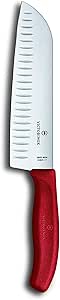 Victorinox Swiss Classic Santoku Knife - Sharp Kitchen Knife for Mincing, Dicing & Slicing - Cutting Knife for Kitchen Accessories - Red Handle, 7"