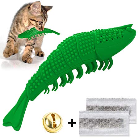 Litthing Cat Catnip Toothbrush Toy Playing Chew Cat Toys Interactive Rubber Crayfish Shape Safe Soft for Kitten Teeth Cleaning Dental Care with Bell