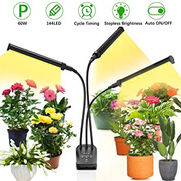 Grow Light for Indoor Plant,BEIEN 60W 144 LED Auto ON/Off Timer Full Spectrum Plant Lights 3/6/12H Cycle Timing Stepless Dimmable Brightness 4 Switch Modes,Tri Head Adjustable Gooseneck