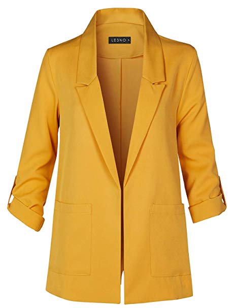 LE3NO Womens Casual Open Front Collared Blazer Jacket with Roll Up Sleeves and Pockets