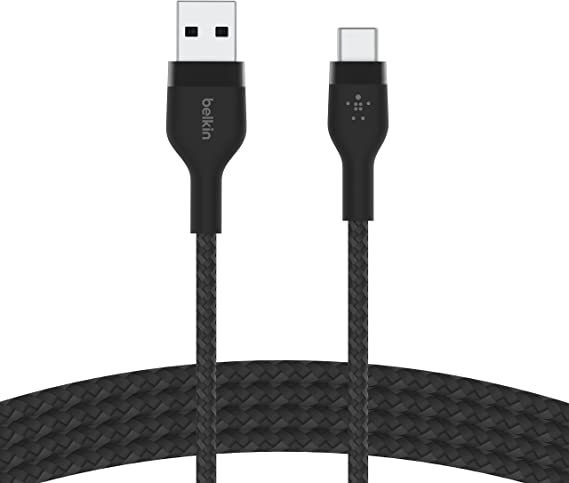 Belkin BoostCharge Pro Flex Braided USB Type C to A Cable (2M/6.6FT), USB USB-IF Certified USB-C Fast Charging Cable for iPad Pro, Galaxy S22, S21, Ultra, Plus, Note 20, Pixel, and More - Black