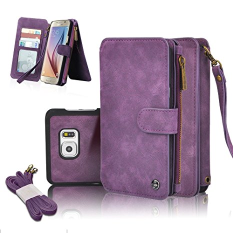 Galaxy S6 Edge plus Case, CORNMI Samsung Galaxy S6 Edge plus Wallet Case ,Vintage Leather Magnetic Flip Wallet Case with 14 Credit Card Holder & Wrist Strap for Samsung Galaxy S6 Edge plus (Purple)