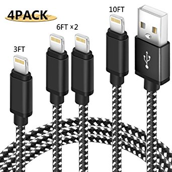 Lightning Cable[4 Pack], (3FT 6FT 6FT 10FT) Nylon Braided charger cable Cord Lightning to USB Cable support iPhone 8/X 7/7 Plus/6/6s/6 Plus/6s Plus, iPad Pro/Air/mini, iPod [Black White]