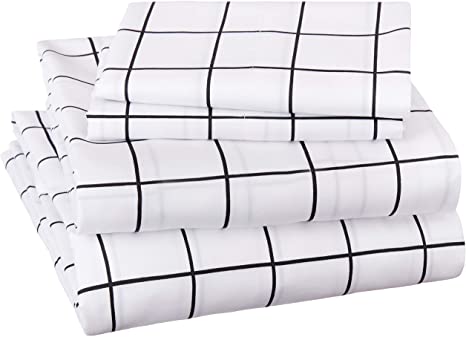 AmazonBasics Soft Microfiber Sheet Set with Elastic Pockets - Full, Black Grid