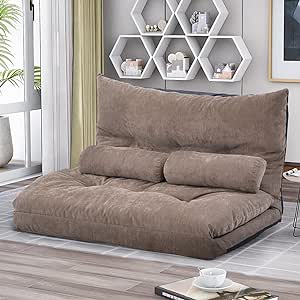 Harper & Bright Designs Adjustable Floor Sofa Couch with 2 Pillows, Foldable Lazy Sofa Sleeper Bed for Reading Gaming Sleeping(Light Brown)