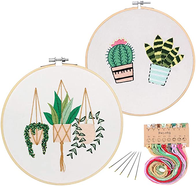 2 Pack Embroidery Starter Kit with Pattern, Kissbuty Full Range of Stamped Embroidery Kit Including Embroidery Cloth with Pattern, Bamboo Embroidery Hoop, Color Threads and Tools Kit (Cactus Plants)