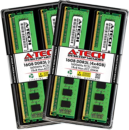 A-Tech 16GB DDR3 / DDR3L 1600MHz Desktop Memory Kit (4 x 4GB) PC3-12800 Non-ECC Unbuffered DIMM 240-Pin 1Rx8 1.35V Low Voltage Single Rank Computer RAM Upgrade Sticks