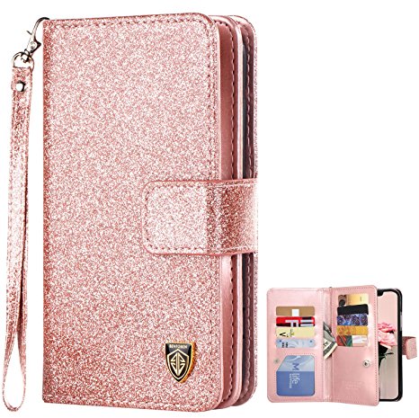 iPhone X Case, iPhone X Wallet Case, BENTOBEN iPhone X Glitter Bling Classy Leather Folio Flip Credit Card Holder Wristlet Shockproof Protective Phone Case for Apple iPhone X/iPhone 10,Rose Gold/Pink