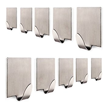 KONE Bathroom 3M Self Adhesive Hook for Towel and Robe , Brushed Stainless Steel, 10 - Pieces