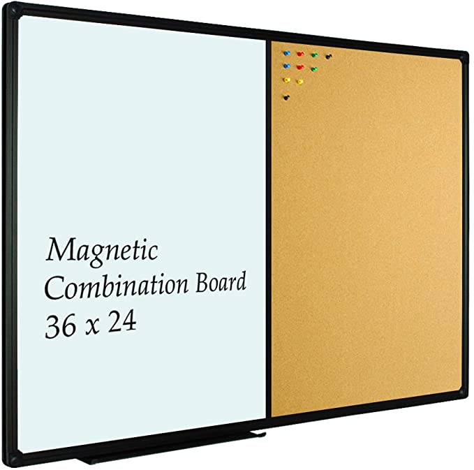 JILoffice White Board & Bulletin Corkboard Combination, Combo Board 36 x 24 Magnetic Whiteboard, Black Aluminum Frame Wall Mounted Board for Office Home and School with 10 Push Pins