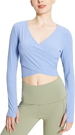 BALEAF Women's Long Sleeve Crop Top Wrap Tops for Yoga V Neck Slim Fit Shirts with Thumb Holes for Workout