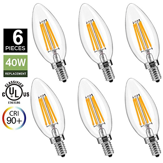 LED Edison Filament Candle bulb, SANSUN 4-Watt (40-Watt Equivalent) Candelabra LED bulbs, E12 Base LED Chandelier Light Bulbs, CRI 90 , 2700K (Warm White), 360°Beam Angle - (Pack of 6)