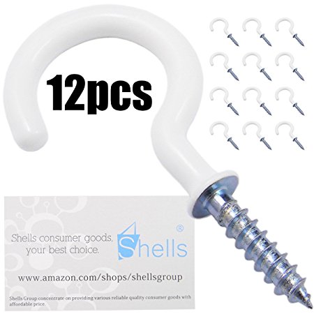 Shells 12PCS White Color 1.9 Inches Vinyl Coated Hooks Cup Hooks Round End Screw Hooks Self-tapping Screws Hooks Question Mark Shape Hooks