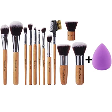 EmaxDesign 12 1 Pieces Makeup Brush Set, 12 Pieces Professional Bamboo Handle Foundation Blending Blush Eye Face Liquid Powder Cream Cosmetics Brushes & 1 Piece purple Beauty Sponge Blender