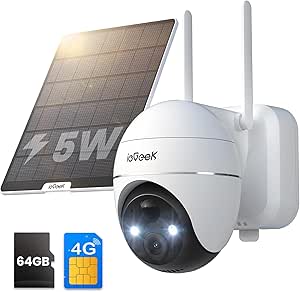 ieGeek 4G LTE Camera Exterieur sans Fil Solaire avec Carte SIM et Carte Mémoire 64GB - 2K Camera Surveillance PTZ 355°/120° Vision Nocturne Couleur, PIR Détection Alarme, IP66 Imperméable