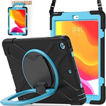 BATYUE iPad 9th/ 8th/ 7th Generation Case (iPad 10.2 inch Rugged Case 2021/2020/2019) with Screen Protector, Rotating Stand/Pencil Holder/Carrying Shoulder Strap (Black Blue)