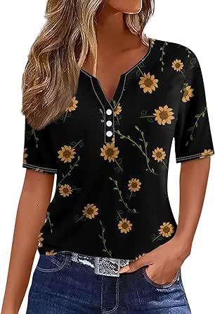 Blouses & Button-Down Shirts Short Sleeve Henley Summer Tops Athletic Fit Blouses Striped Print Womens Clothes